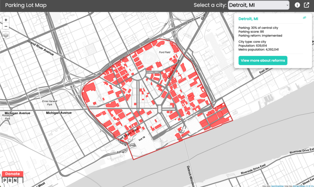 Map of downtown Detroit illustrating land parcels used for parking.